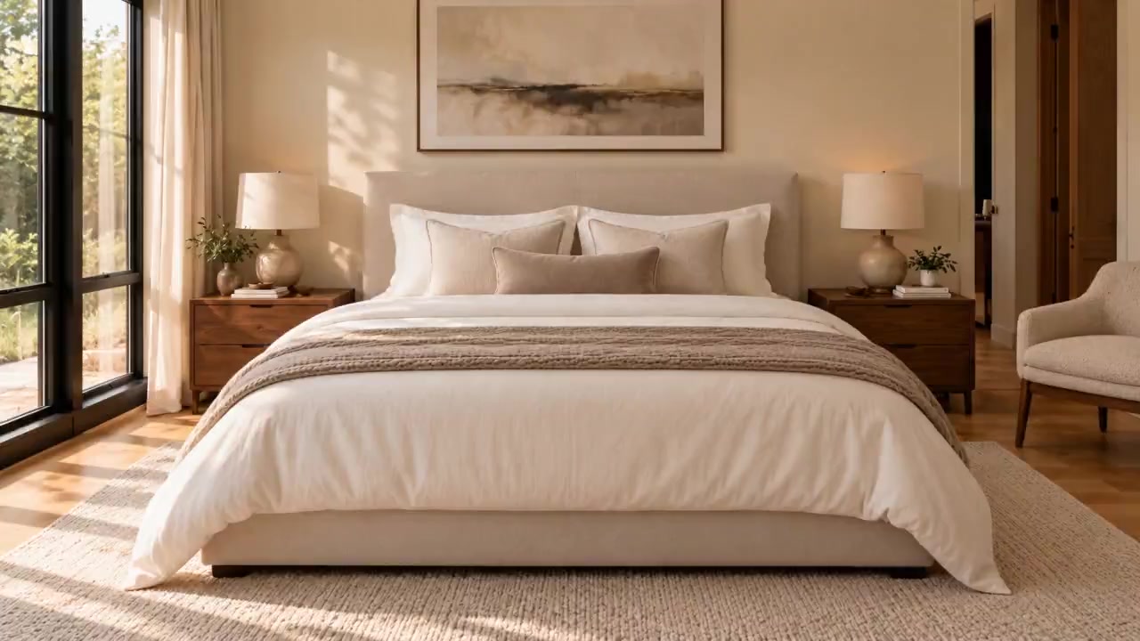 The same bedroom beautifully staged with tailored ivory bedding, layered cushions and a clear floor.