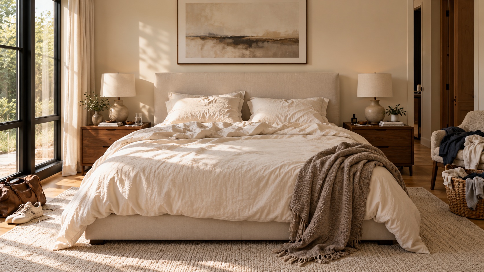 A sunlit master bedroom with an unmade bed, clothes on a chair and belongings ready to be put away.